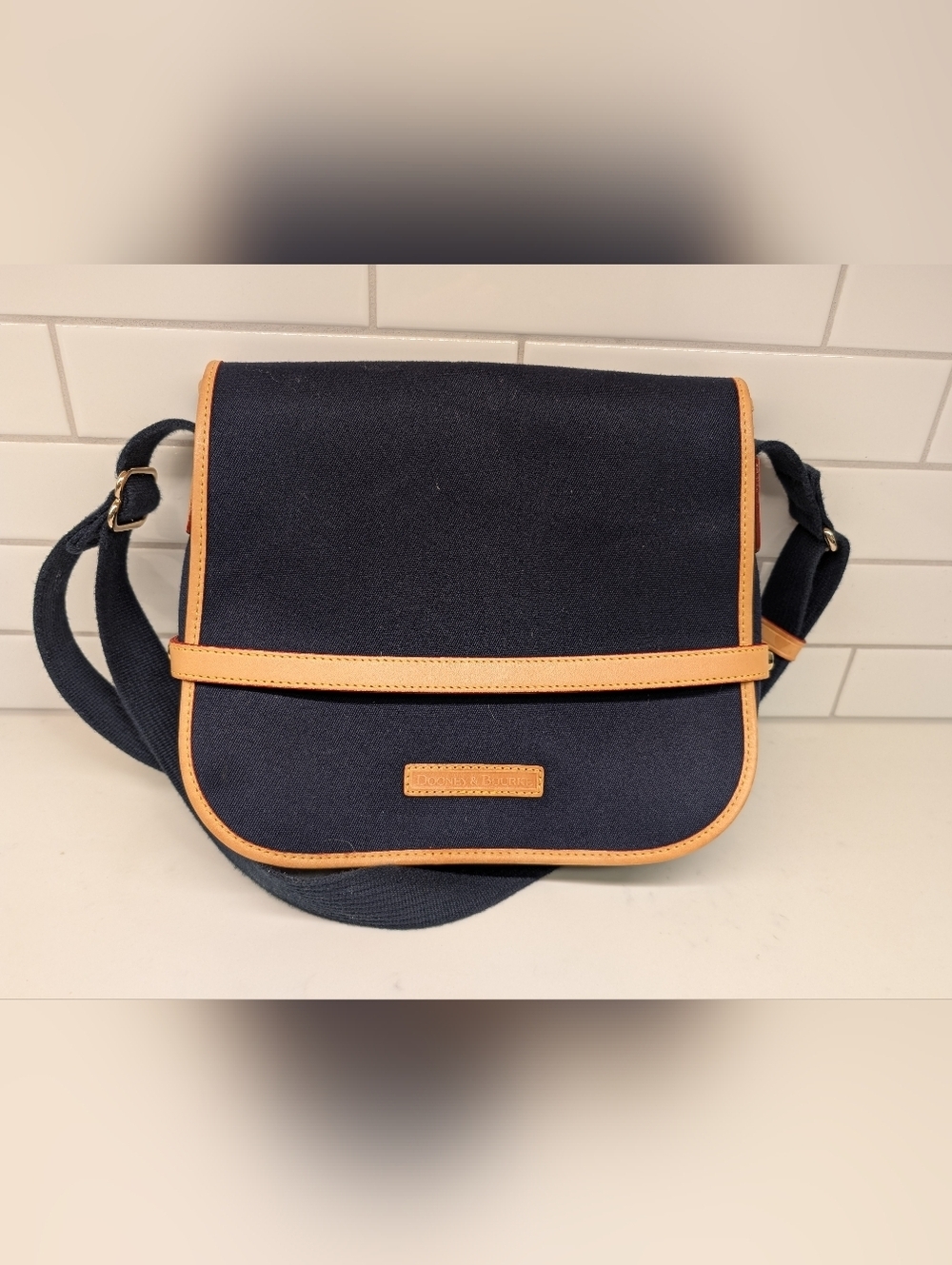Dooney & Bourke Cabriolet Navy Canvas Messanger Crossbody Bag with Tan Trim